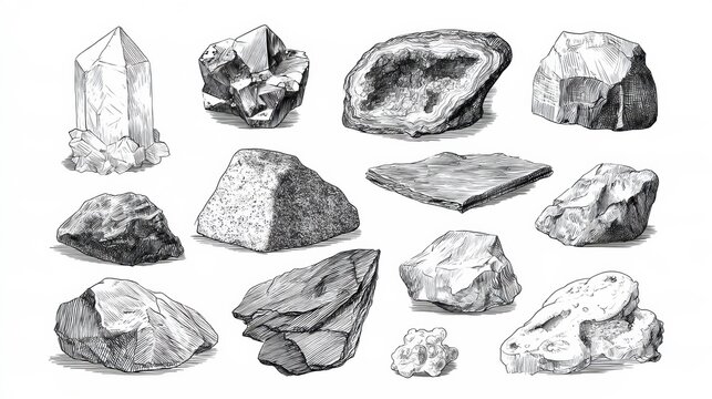 Various rocks and minerals such as quartz crystal, pyrite cube, and amethyst geode with detailed shading on a white background.