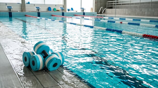 Water dumbbells on the edge of an indoor swimming pool