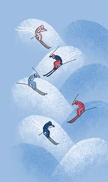 Skiers Perform Tricks on Snowy Slopes in a Winter Setting