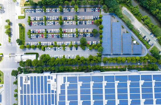 tree-lined parking lot beside solar rooftop factory