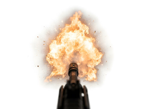 Muzzle flash erupting from a firearm barrel isolated on a white background