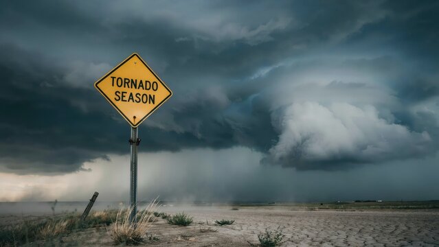 Bright yellow tornado season warning road sign standing ominously against a dark dramatic stormy sky with heavy clouds