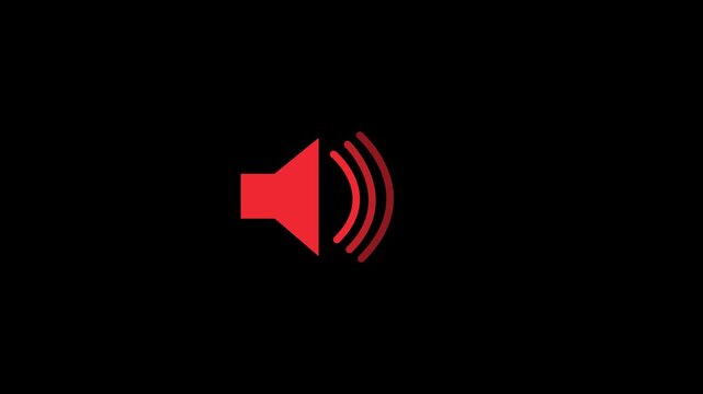 Red speaker volume icon animation bright audio symbol with sound waves loud volume control button digital music media technology isolated on black background 4K motion graphic