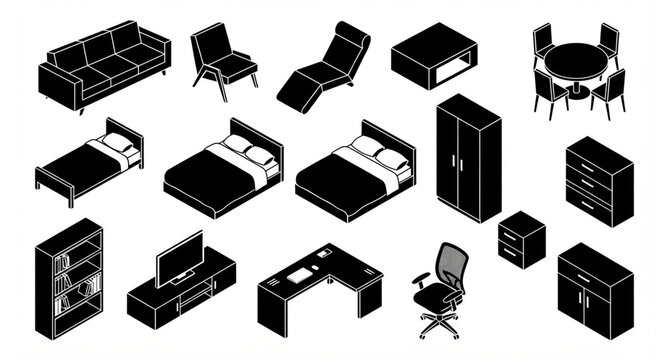 Modern Home Office Furniture Isometric Black White Sofa Bed Table Vector Collection