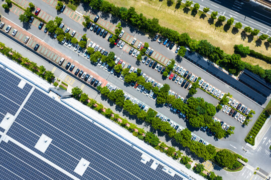 tree-lined parking lot beside solar rooftop factory