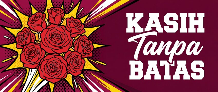 Red rose bouquet pop art comic style banner with Indonesian typography text Kasih Tanpa Batas for Mother's Day Valentine love greeting card background template vintage halftone graphic vector illustra