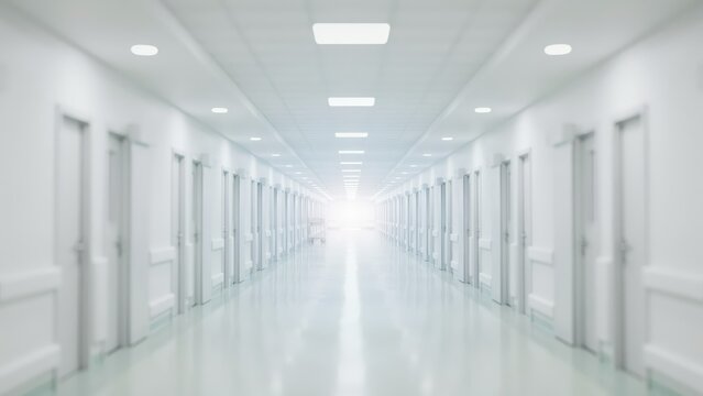 Bright white hospital corridor featuring multiple doors, glowing overhead lights, polished floors, and vanishing point perspective