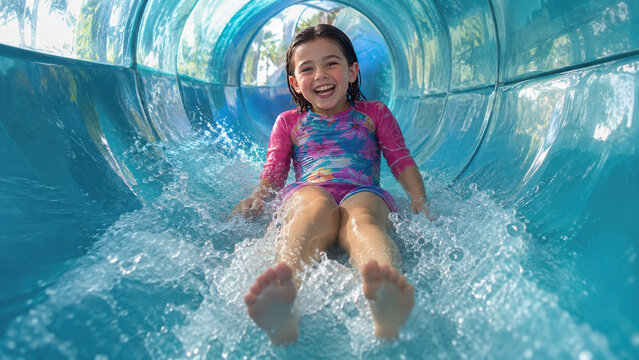 Happy girl laughing while sliding down an enclosed blue tube water slide with splashing water.