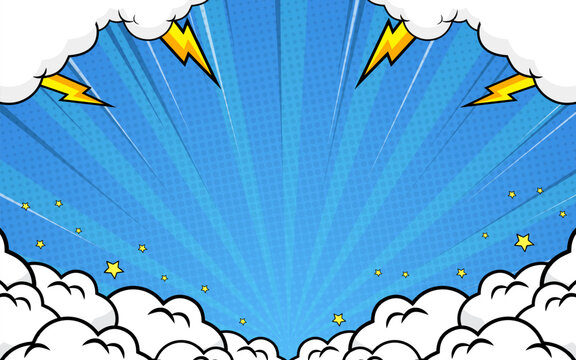 Comic design background with lightning decoration behind the clouds.