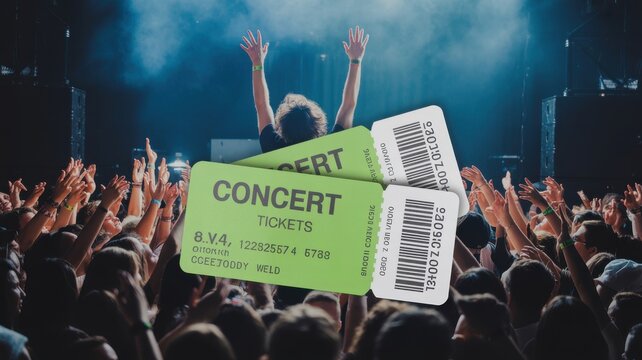 Concert crowd raising hands with bright tickets and energetic live music atmosphere
