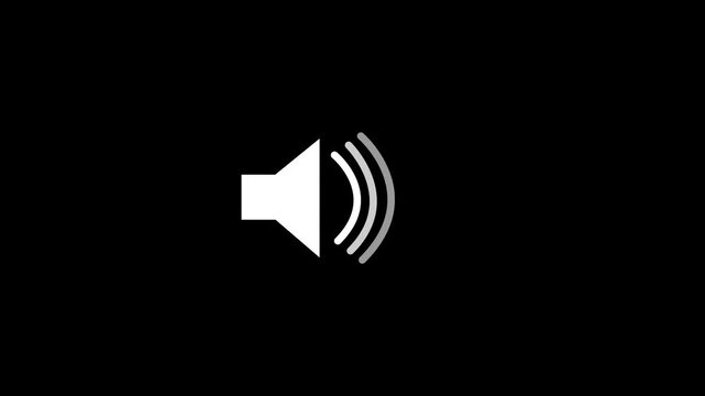 White speaker volume icon animation clean audio symbol with sound waves volume control button digital music media player technology isolated on black background 4K motion graphic