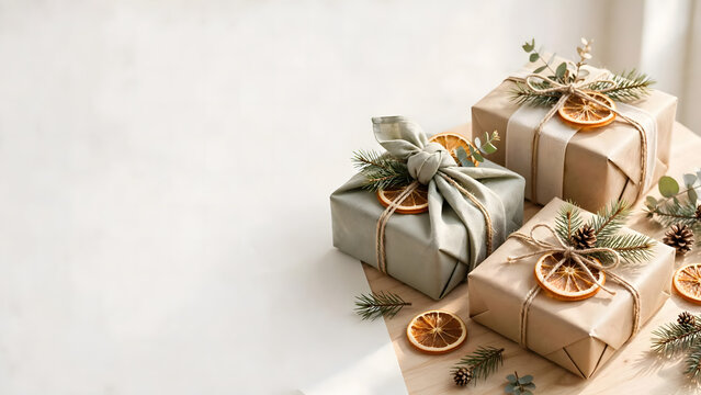 Paquetes de regalos navide&ntilde;os decorados con papel kraft y detalles, con espacio para texto