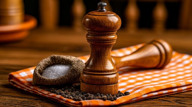 Wooden pepper grinder and coarse salt sack on checkered napkin in rustic restaurant setting for culinary branding