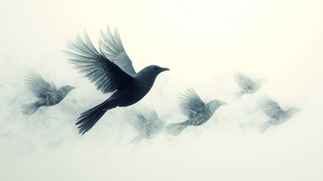 Flock of recreated ancient birds flying in a white void simulation 