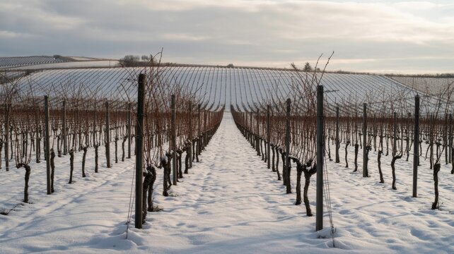 Snow covered vineyard rows creating a quiet winter landscape under an overcast sky
