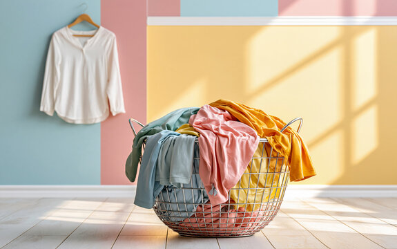 Modern laundry basket overflowing with clean colorful clothes against a sunny pastel wall