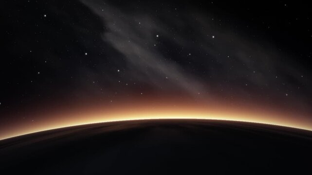Planet Horizon Sunrise in Outer Space with Glowing Atmosphere and Stars Loop