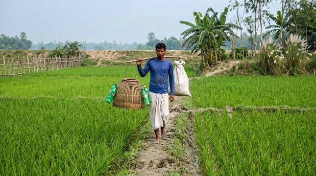 South Asian farmer carrying traditional fishing basket and sack through a green paddy field