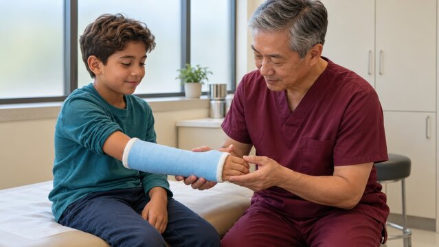 A healthcare professional examines a young boy's arm cast in a clinical setting, providing care and reassurance.