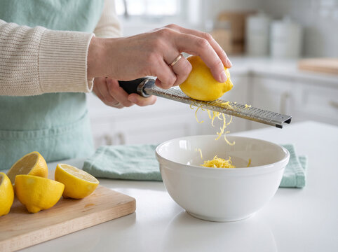 Zesting Fresh Lemon over Mixing Bowl with Fine Hand Zester