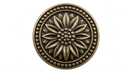 Obraz premium Ornate brass decorative button with floral sunflower motif isolated on white