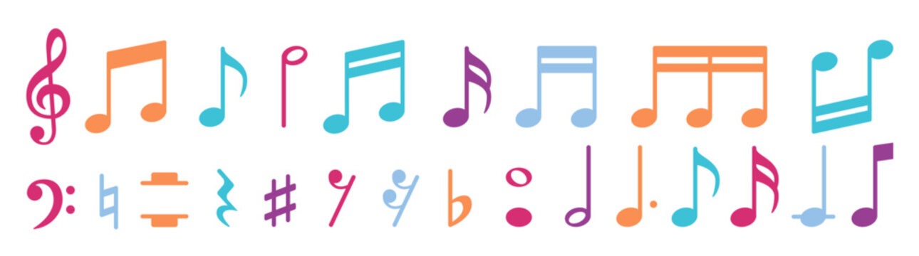 Color Set of all music notes symbols on transparent background, flat design vector illustration