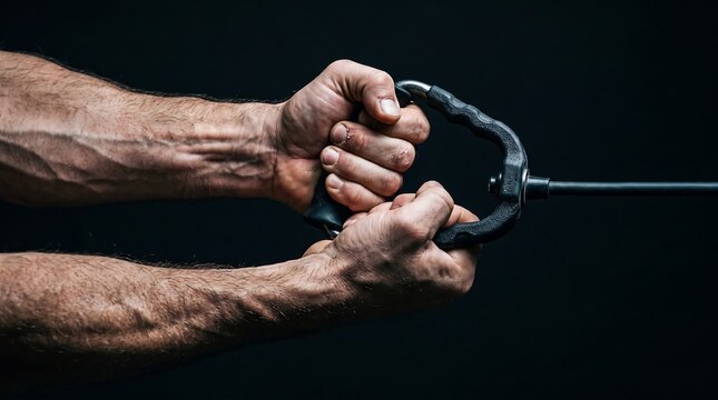 Muscular male hands pulling a resistance band during a workout