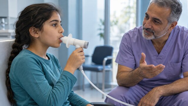 A young girl uses a spirometer while a healthcare professional in scrubs explains the test in a medical setting.