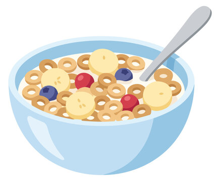 Bowl of cereal with milk, fruits and spoon isolated on white background