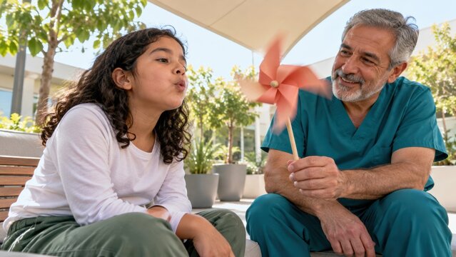 A young girl blows on a pinwheel held by an elderly man in medical scrubs, sharing a joyful moment outdoors on a sunny day.