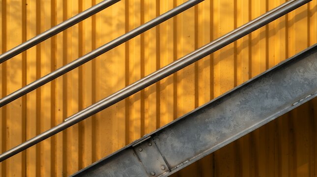 Yellow corrugated metal wall with steel railing, modern industrial architectural background, geometric metal staircase detail