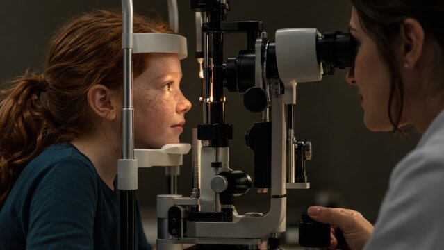 A young girl undergoes an eye examination using a slit lamp by an optometrist in a clinical setting.
