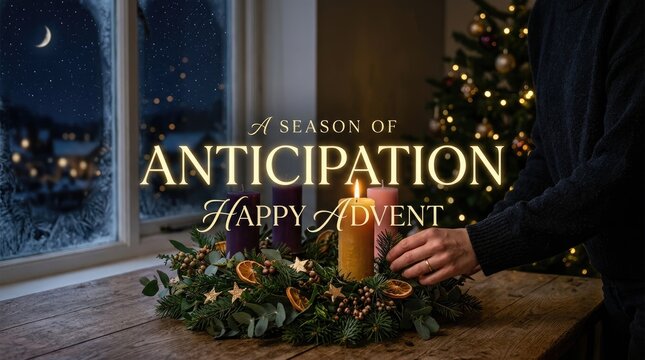 Advent wreath ritual: festive anticipation, lit candle, holiday tradition, pine garland, cozy interior, evening atmosphere, winter window, sacred celebration, joyful expectation.