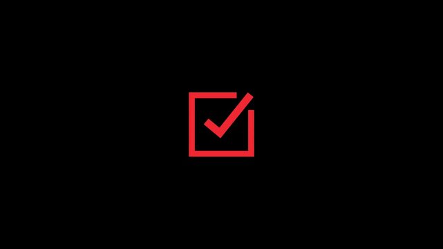 Red checkmark checkbox icon animation bold check mark symbol completed task confirmation button approval success selection concept isolated on black background 4K motion graphic
