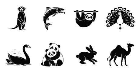 Obraz premium Collection of black and white animal silhouettes featuring a meerkat, fish, sloth, peacock, swan, panda pair, rabbit, and camel isolated on a white background
