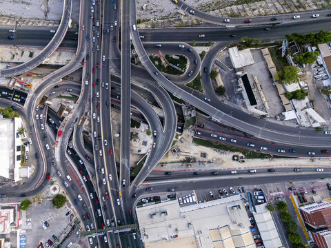 Aerial view of the complex highway interchange and urban infrastructure in Monterrey, Nuevo Leon, Mexico.