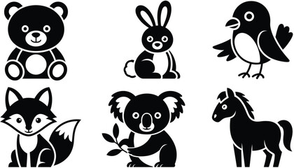 Obraz premium Collection of cute black and white animal silhouettes featuring a teddy bear, a rabbit, a small bird, a fox, a koala holding a leaf, and a horse, isolated on a white background