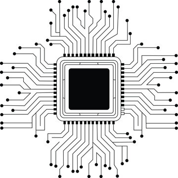 Integrated circuit with radiating lines black and white vector illustration