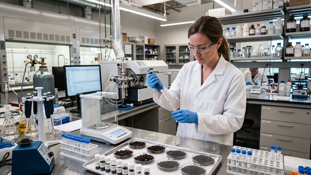 Scientist Analyzing Soil Composition Samples in Professional Lab