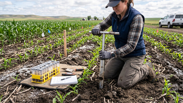 Agronomist Extracting Soil Core Samples in Young Cornfield