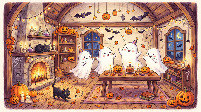 Cute hand-drawn colored pencil Halloween illustration of friendly ghosts having a party inside an old haunted house, tiny pumpkins 