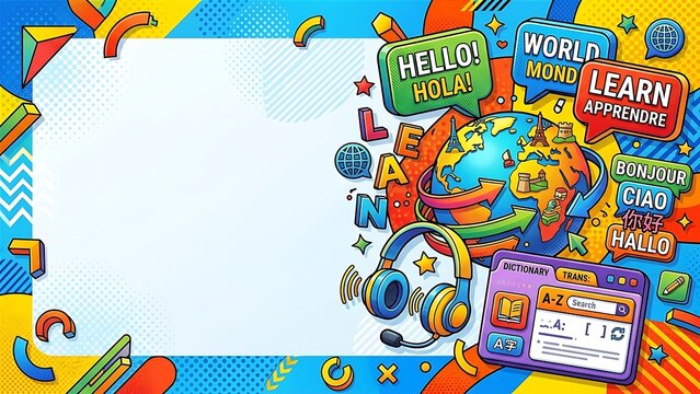 3D Pop Art Language Learning Banner Background with Earth Globe Multilingual Speech Bubbles Headphones Dictionary App and Ample Copy Space for Text