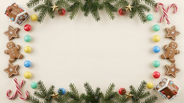 Christmas border with gingerbread men candy canes and pine branches