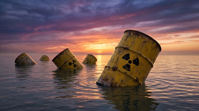 Toxic nuclear waste barrels floating in ocean at sunset, rusty yellow radioactive drums in sea water, environmental pollution and catastrophe concept