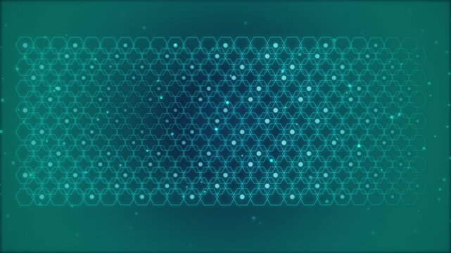 Abstract blue hexagonal grid pattern with glowing nodes on dark teal background honeycomb pattern digital mesh tech background geometric pattern network nodes