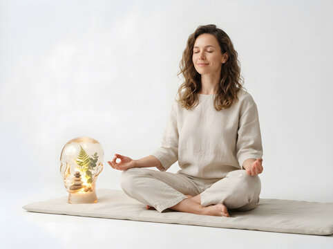 Young woman meditating in lotus position beside a glass head sculpture on mat