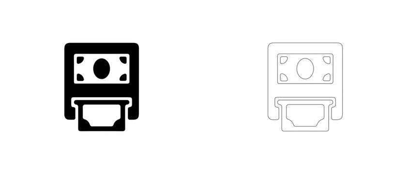 Vending bill acceptor slot vector icon filled and outline, banknote validator and cash deposit module symbol.