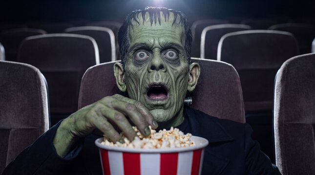 Close-up of a Frankenstein monster with scared expresion watching a movie in a theater while holding a popcorn bucket