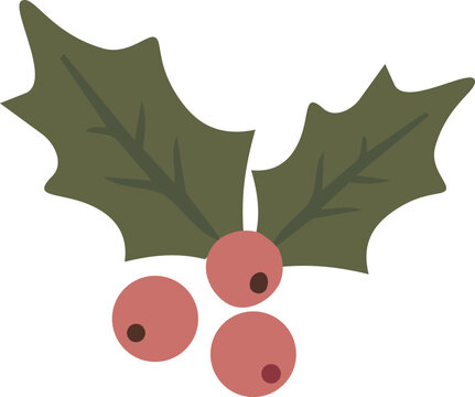 Rustic textured holly leaves with three muted red berries create a vintage Christmas botanical decoration.
