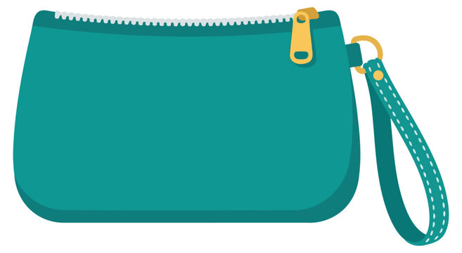 Teal pouch purse with zipper and wrist strap flat vector illustration